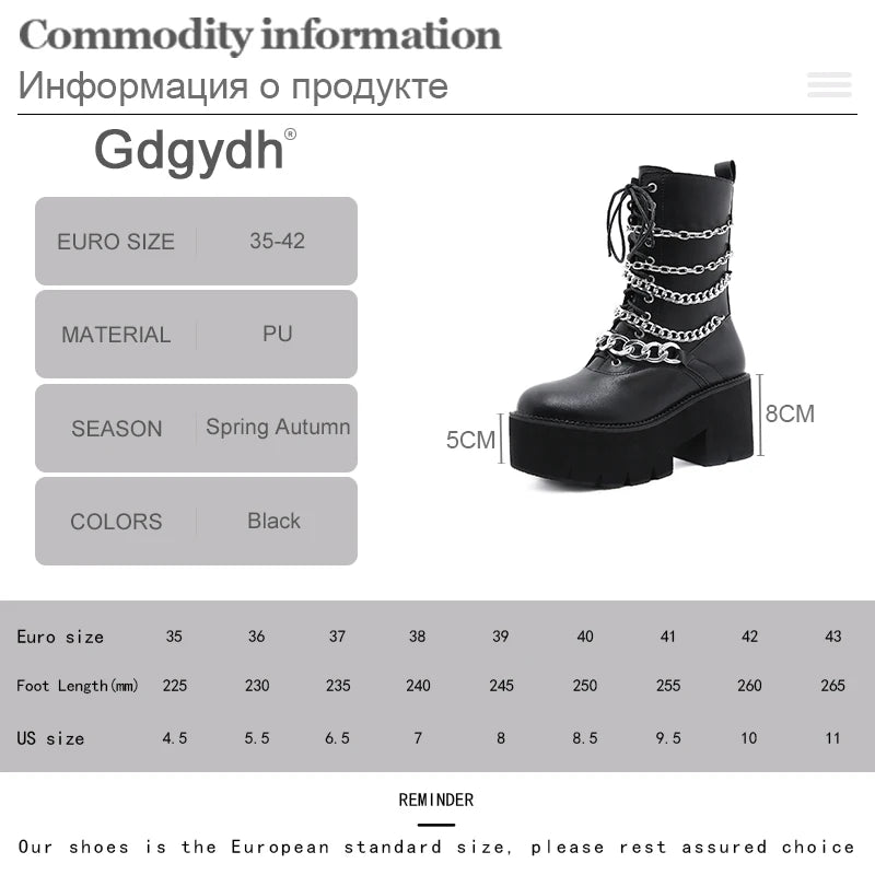 Gdgydh Goth Mid Calf Boots Platform Lace Up Metal Chains Women Motorcycle Boots Chunky Heel Punk Gothic Shoes Black Waterproof