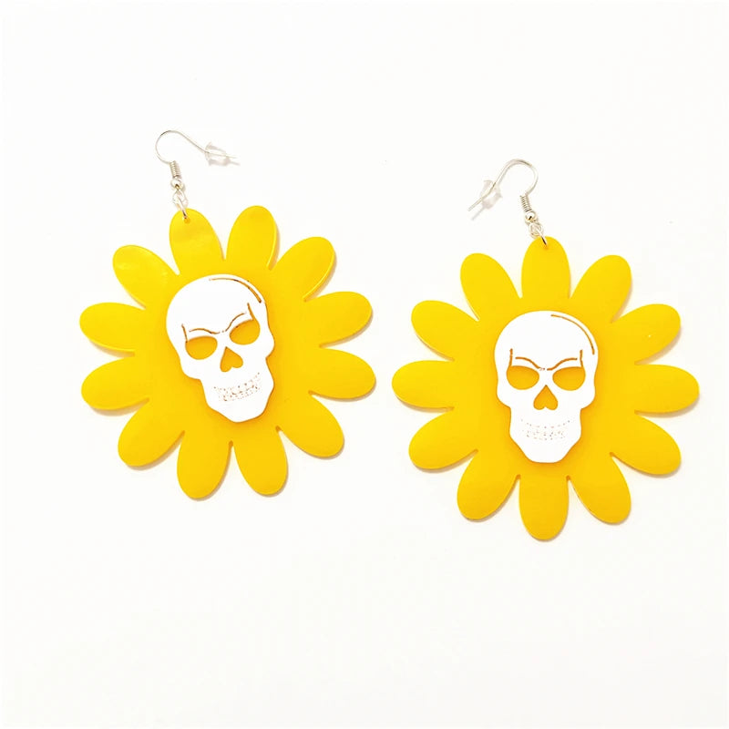 Sunflower Skull Dangle Earrings | Yellow White Acrylic Jewelry for Women | Halloween Punk Rock Accessories