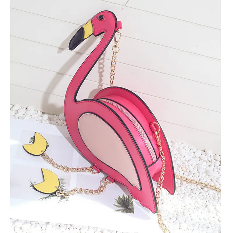 Flamingo Chain Shoulder Bag - Affordable Women's O Bag with Pink Bird Design, Feminine Leather Handbag for Beach and Casual Use