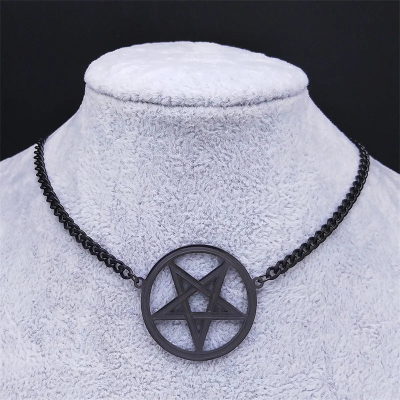 Inverted Pentagram Stainless Steel Choker Necklace - Black Women’s Chain Jewelry