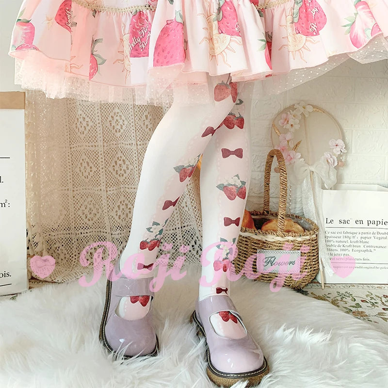 Strawberry BOWTIE Lolita Socks Women's Spring And Summer 120D Velvet Printed Patyhose Lolita Sweet Japanese-style Socks