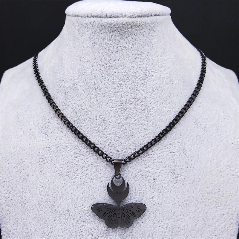 Goth Crescent Moon Butterfly Snake Stainless Steel Black Necklace