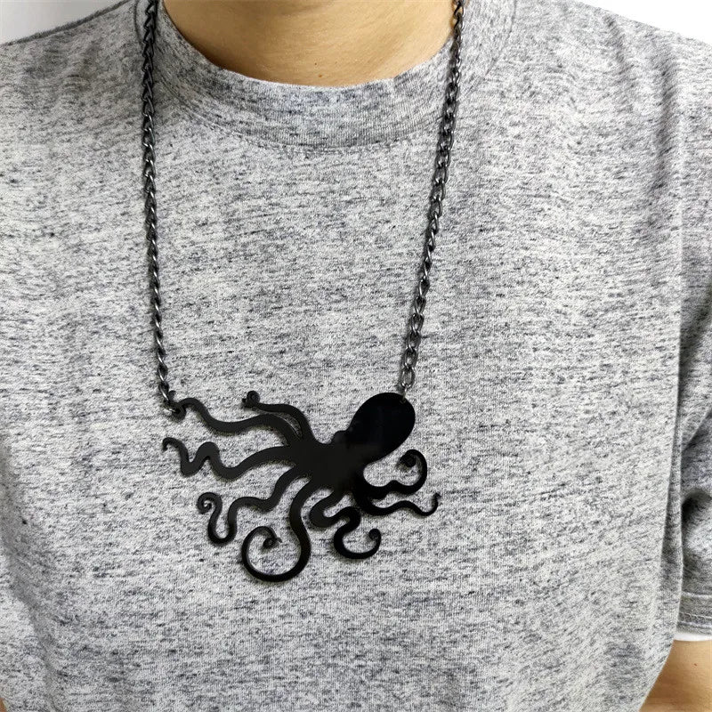 KUGUYS Octopus Tentacles Jewelry Set - Hip-Hop Fashion, Black Acrylic Earrings & Pendant Necklace with Link Chain