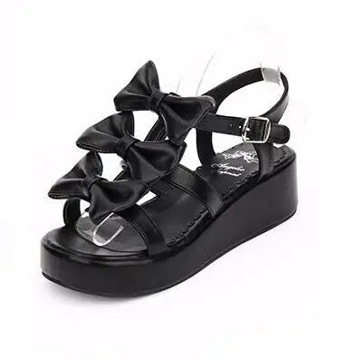 Angelic imprint woman mori girl lolita cosplay shoes lady mid wedges heels pumps women princess dress sandals 3 bows 33-47 5cm