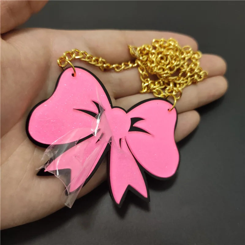 KUGUYS Glitter Pink Bow Pendant Necklace - Cute Acrylic Gold Color Chain Fashion Jewelry, Summer Accessories for Women