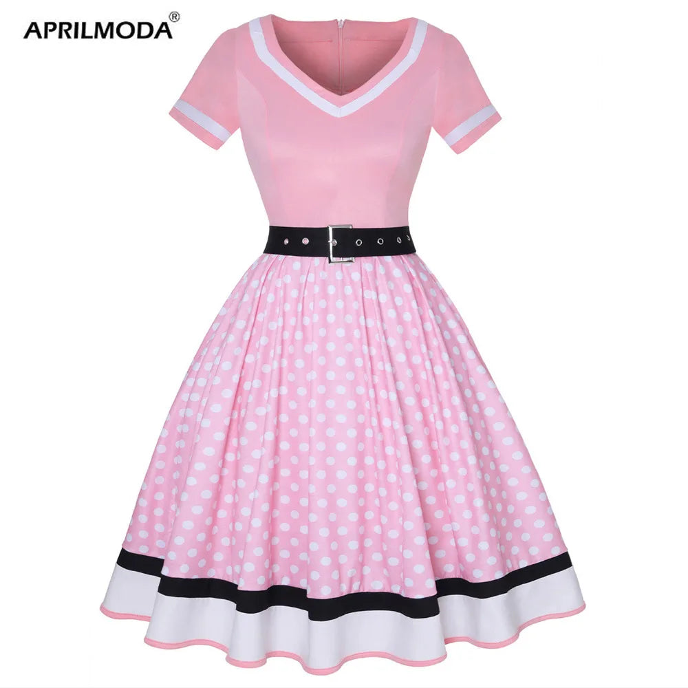50s 60s Women's Vintage Polka Dot Party Dress with Belt - Short Sleeve Hepburn Pin Up Rockabilly Oversized Swing Dress