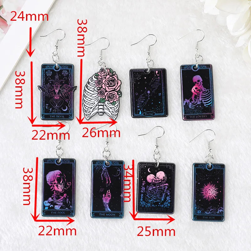 Pair of Tarot Card Dangle Earrings - Skull Lover Design, Acrylic Black, Punk Style, Magical Divination Game Jewelry - Sun Moon Crafts