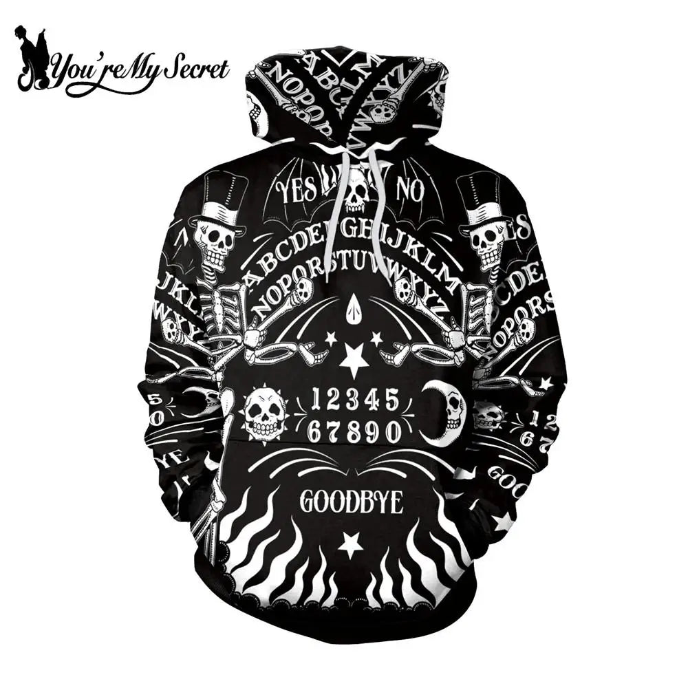 [You're My Secret] Ouija Board  Hoodies Women Gothic Witchy Sweatshirt Horror Black Hooded Skeleton Printed Warm Hoody XXL Size