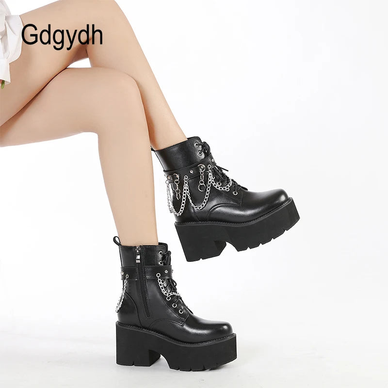 Goth Combat Boots - Women's Sexy Chain Platform Jungle Boots with Chunky Heel, Comfortable Fit | Great for Halloween Cosplay