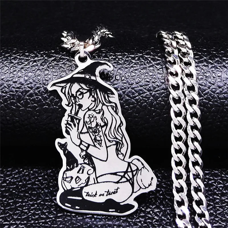 2024 Fashion Satan Tattoo Witch Stainless Steel Chain Necklac Women Black Silver Color Choker Necklace Jewelry collar N4043S03