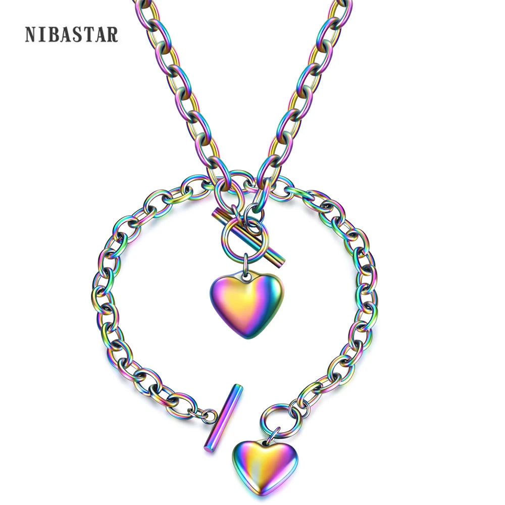 Stainless Steel Heart Necklace and Bracelet Set - OT Buckle Toggle Chain Jewelry Accessories for Women and Girls