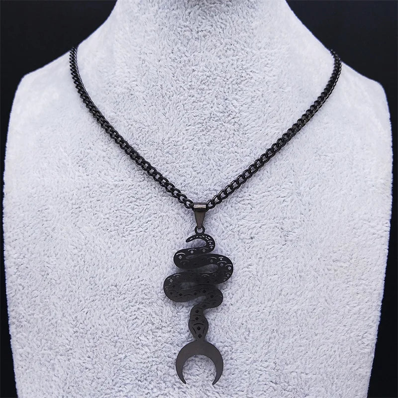 2024 Witchcraft Goth Moon Stainless Steel Snake Choker Necklace - Black Color Jewelry for Women/Men (N8547S03)