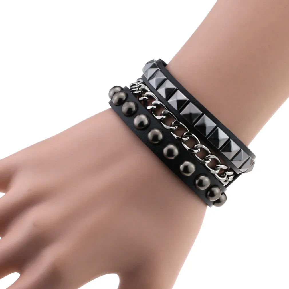 Layered Leather Studded Punk Band Rock Bangle Bracelet Fashion Costume Jewelry Emo Goth Accessories