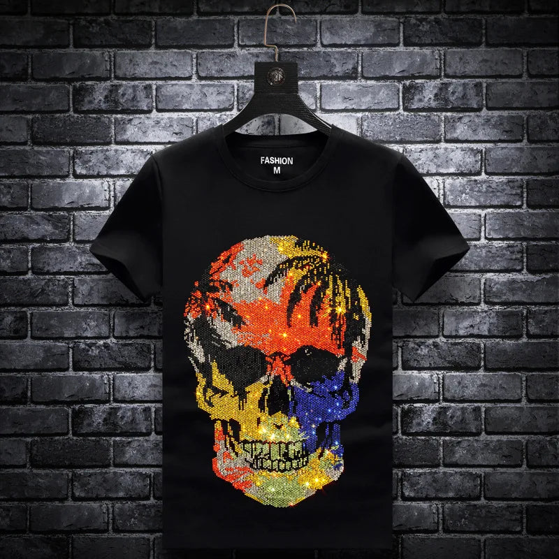 Plus Size 2024 Fashion Men’s Skull Rhinestone T-Shirt - Short Sleeve O-Neck Slim Fit Streetwear