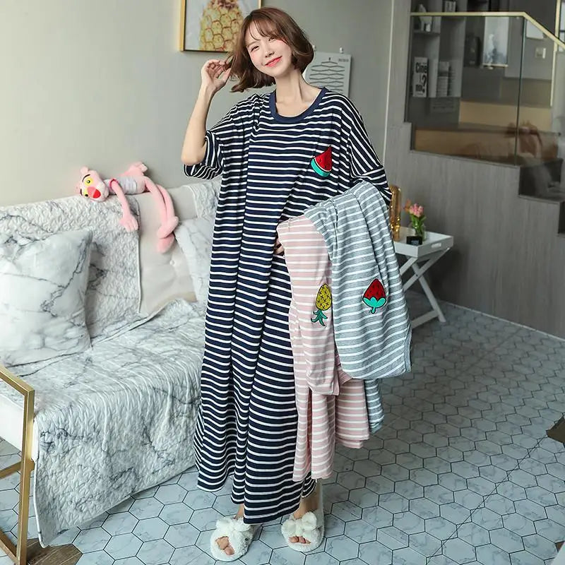 Women Plus Size Striped Nightgown Sleepwear Short Sleeve Long Nightdress Loose Casual Robe Sleepshirt Home Wear 4XL 5XL