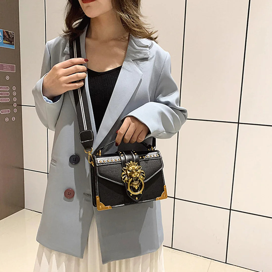 Luxury Metal Lion Head Brand Crossbody Bags: Female Fashion Handbags for Girls, Tote, Shoulder Purse, Mini Square Messenger Bag