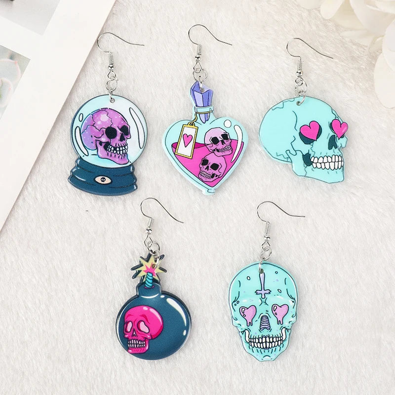 Pastel Goth Creepy Skull Potion Earrings - Fashion Cartoon Acrylic Jewelry for Girls & Women, Perfect Birthday Gift