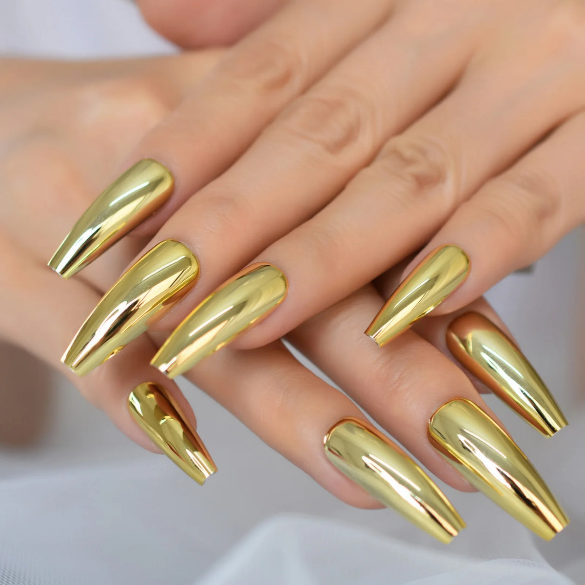 Metallic Coffin Nail Tips False Nails Long Ballerina Gold Mirror Fake Nails Press On Full Set For Fingernail Decorations