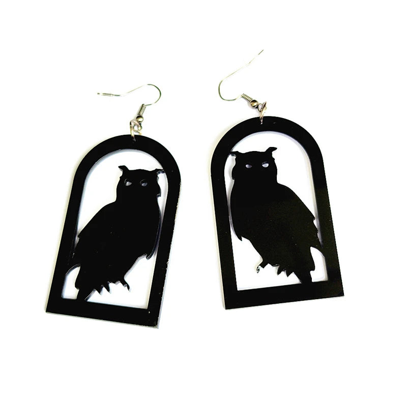 Halloween Owl Dangle Earrings | Black Acrylic Gothic Jewelry for Women