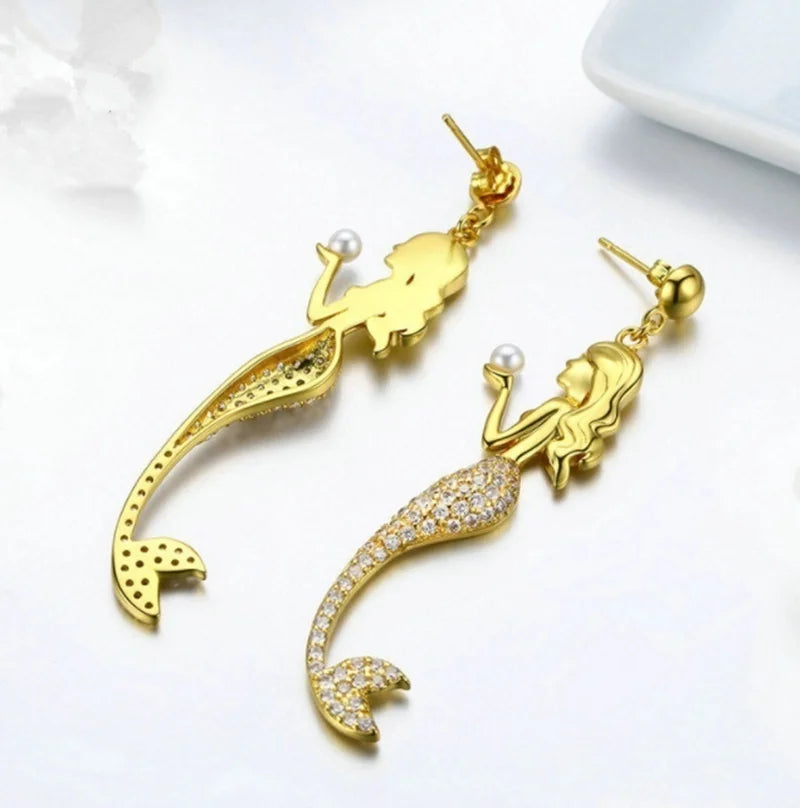 Sweet and Romantic Zircon Mermaid Long Earrings, Exquisite Fashion Jewelry