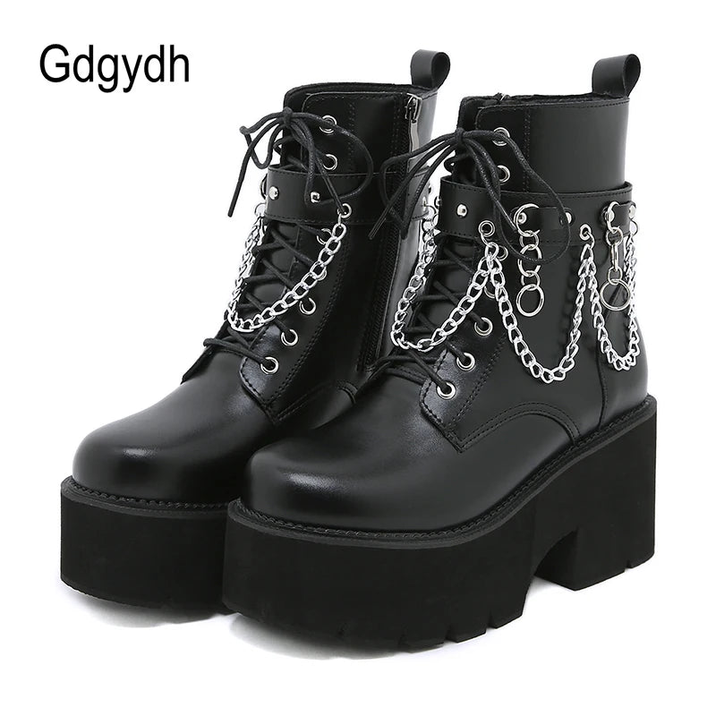 Goth Combat Boots - Women's Sexy Chain Platform Jungle Boots with Chunky Heel, Comfortable Fit | Great for Halloween Cosplay