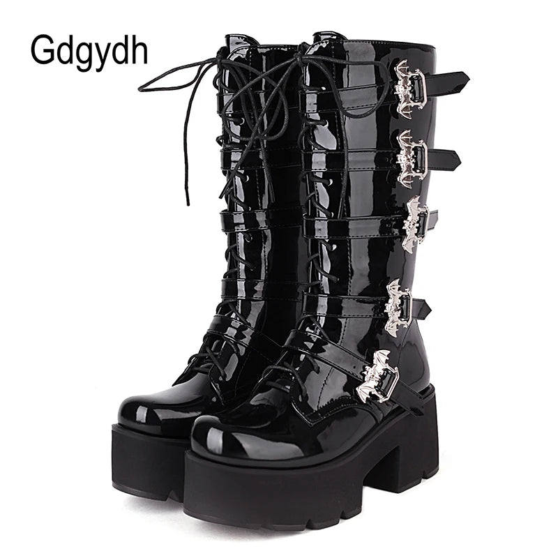 Gdgydh Bat Decoration Gothic Boots Women Patent Leather Mid Calf Boots For Women Belt Buckle Combat Motorcycle Boots Darkness