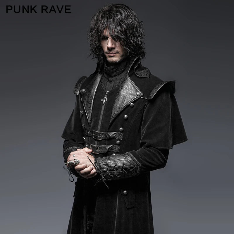 PUNK RAVE Gothic Leather Belts Crimp Shoulder Zip-lined Men Long Trench Coat Black Jacket Overcoats Halloween Christmas Party