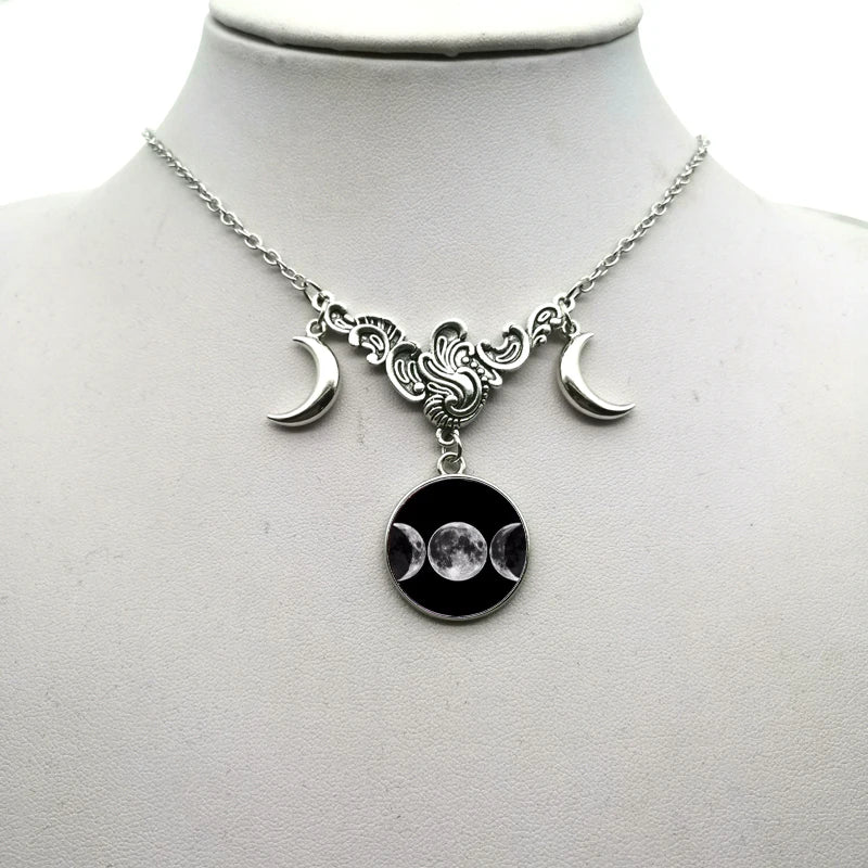 Crystal Glass Crescent Moon Necklace - Simple Witch Jewelry, Pagan Wizard Gift