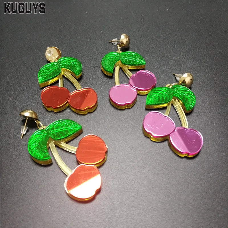 Cute Red Pink Cherry Dangle Earrings for Girls Women - Mirror Acrylic Drop, Trendy Jewelry Fashion Accessories by KUGUYS