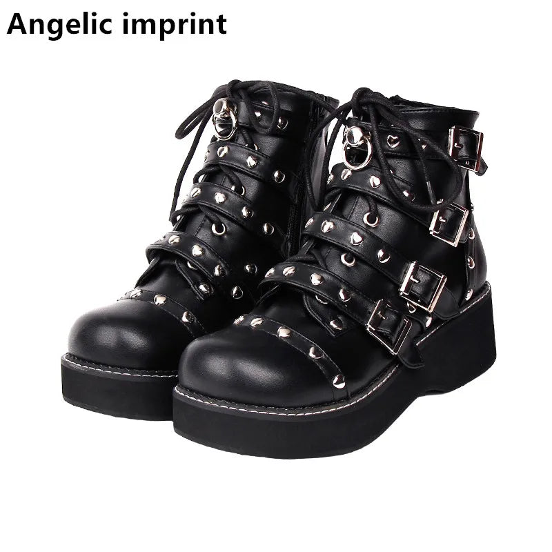 Angelic imprint handmade Women fashion motorcycle punk boots lady short Boots woman mid trifle heels pumps shoes lace up 33-47