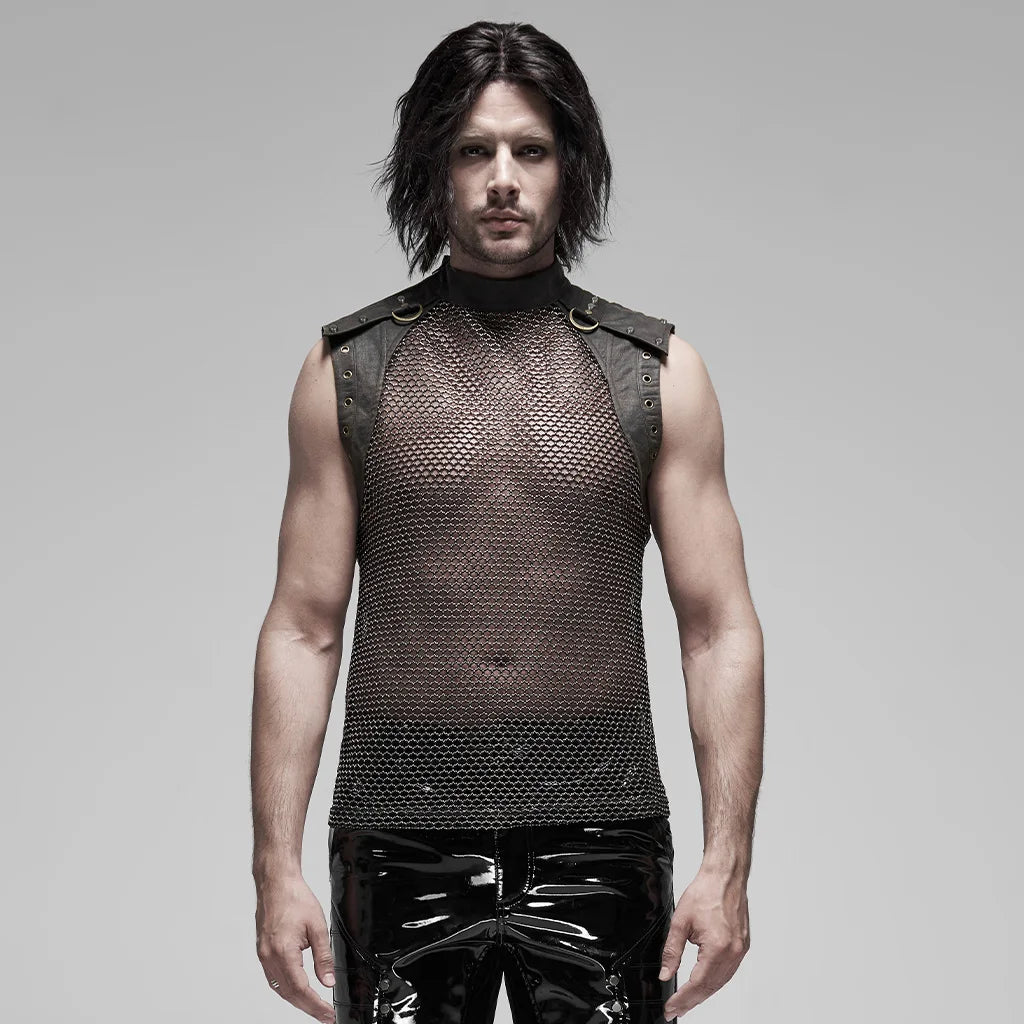 PUNK RAVE Men's Punk See-through Sleeveless Non-elastic Mesh Vest Sexy Slim Fit Stage Performance Tanks Top with Metal Zipper