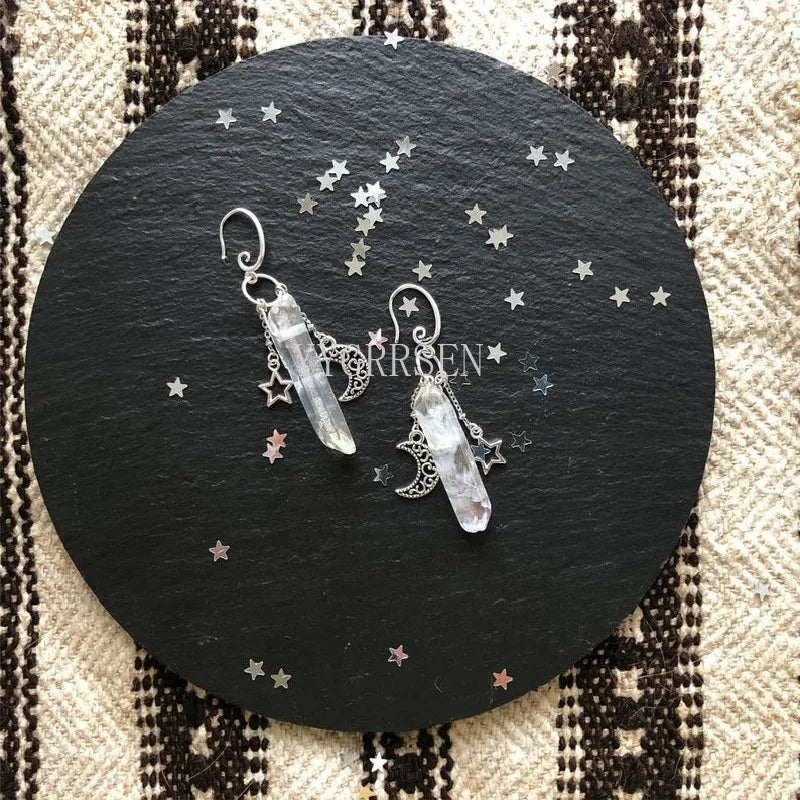 Witchy Raw Crystal Moon and Stars Earrings - Celestial Healing Quartz Bohemian Jewelry, Perfect Gift for Women