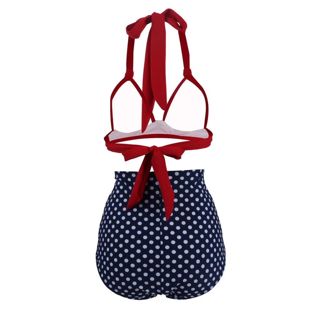 Pleated Bikini Set | Red Top with Navy Blue and White Dots Bottom | Women’s Classic High Waist Halter Bikini | Plus Size Two-Piece Swimwear