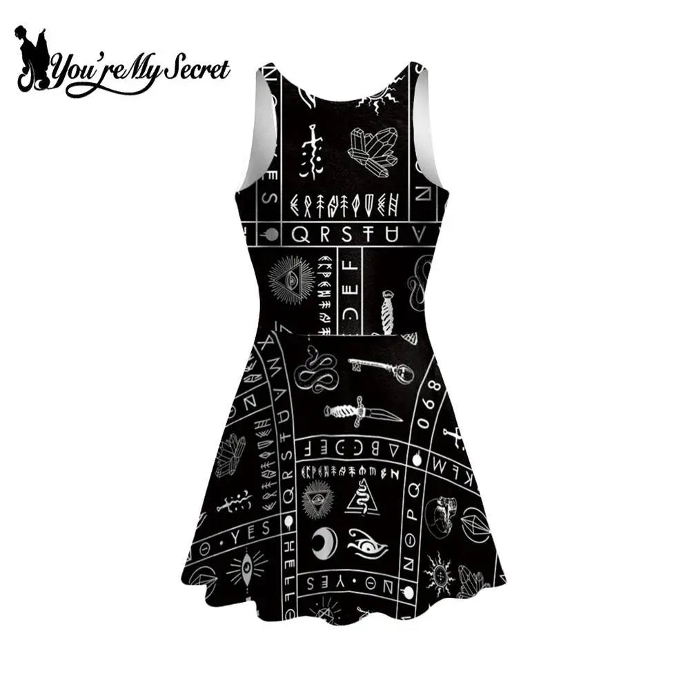 [You're My Secret] NEW Arrival Gothic Dresses Ouija Board Black Dress Witchy Pattern Knee-Length Pleated Woman Clothing Summer