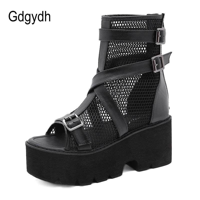 Gdgydh Open Toe Platform Heel Women Boots Summer Shoes 2022 New Black Chunky Heel Boots Women Autumn Breathable High Quality