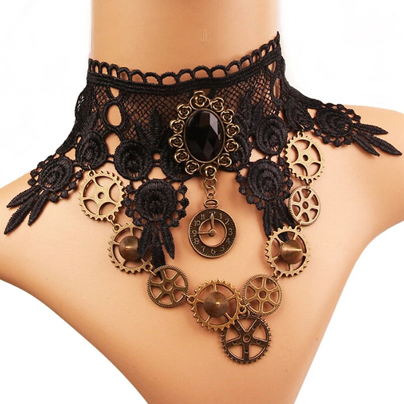 Sexy Gothic Crystal Gear Chain Choker: Black Lace Neck Choker Necklace, Vintage Steampunk Jewelry for Women