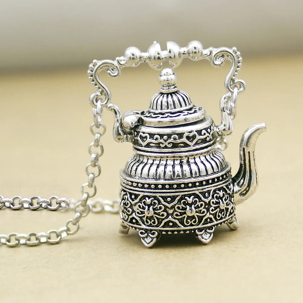 Vintage Silver Plated Victorian Wonderland 3D Tea Pot Pendant Necklace - Steampunk Goth Jewelry with Link Chain