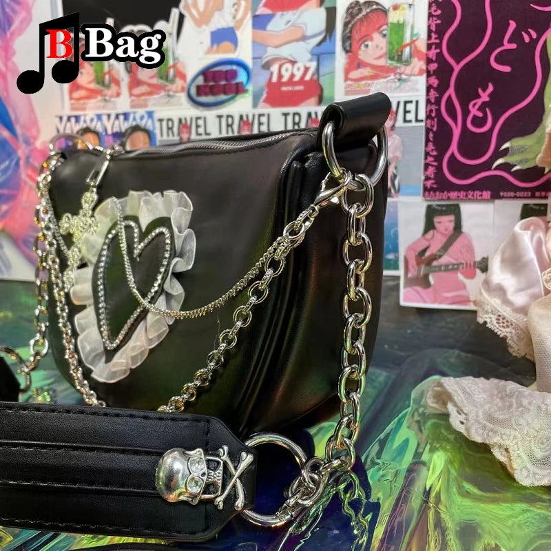 Europe America Harajuku Women Girls Love Heart PU Leather Bag | Single Shoulder Handbag with Punk Skull Chain