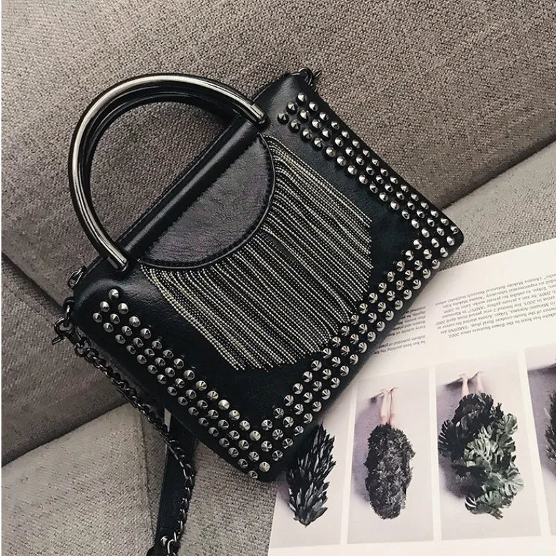 Women's New PU Leather Flap Shoulder Bag - Rivet Tassel Chains Fashion Handbag, Crossbody, and Handle