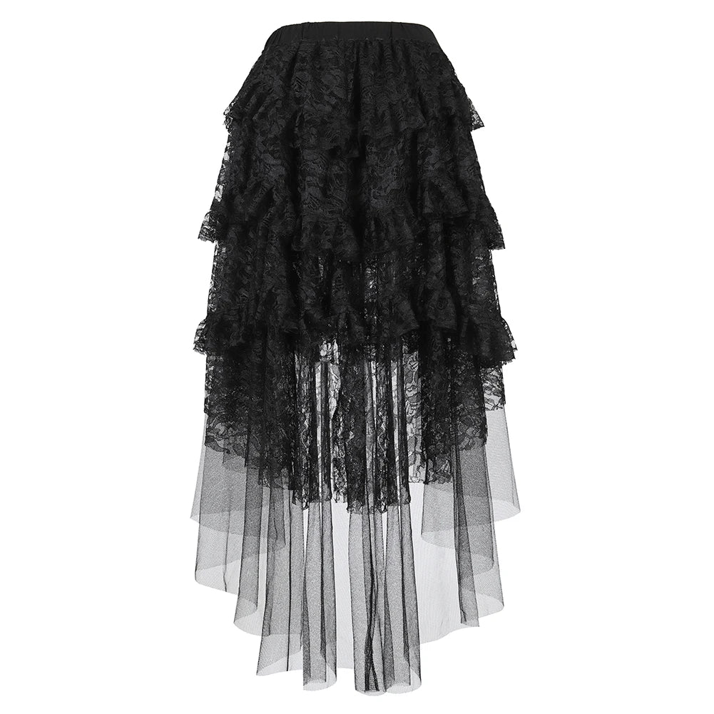 Sexy Black Lace Layered Pleated Skirt - Steampunk Asymmetrical High Low Ruffle Tulle Long Skirt, Plus Size