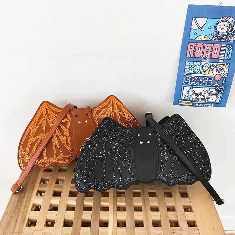 Fashion Embroidered Sequin Bat-Shaped PU Messenger Bag - Women's Black Bat Crossbody Shoulder Bag