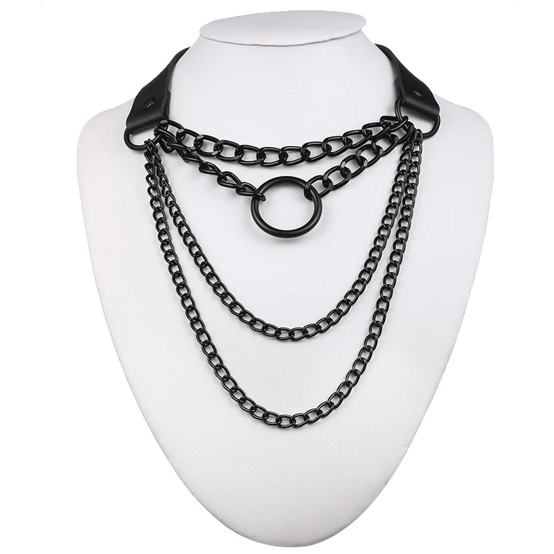 Layered Chain Necklace: Punk Choker Collar with Gothic Pendant, Black Leather Emo Jewelry for Women