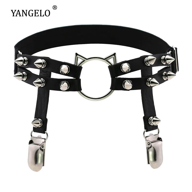 Yangelo Harajuku Gothic Cat Head Leather Handmade Rivet Leg Ring Foot Ring Garter Belt Personality Girl Punk Accessories Women