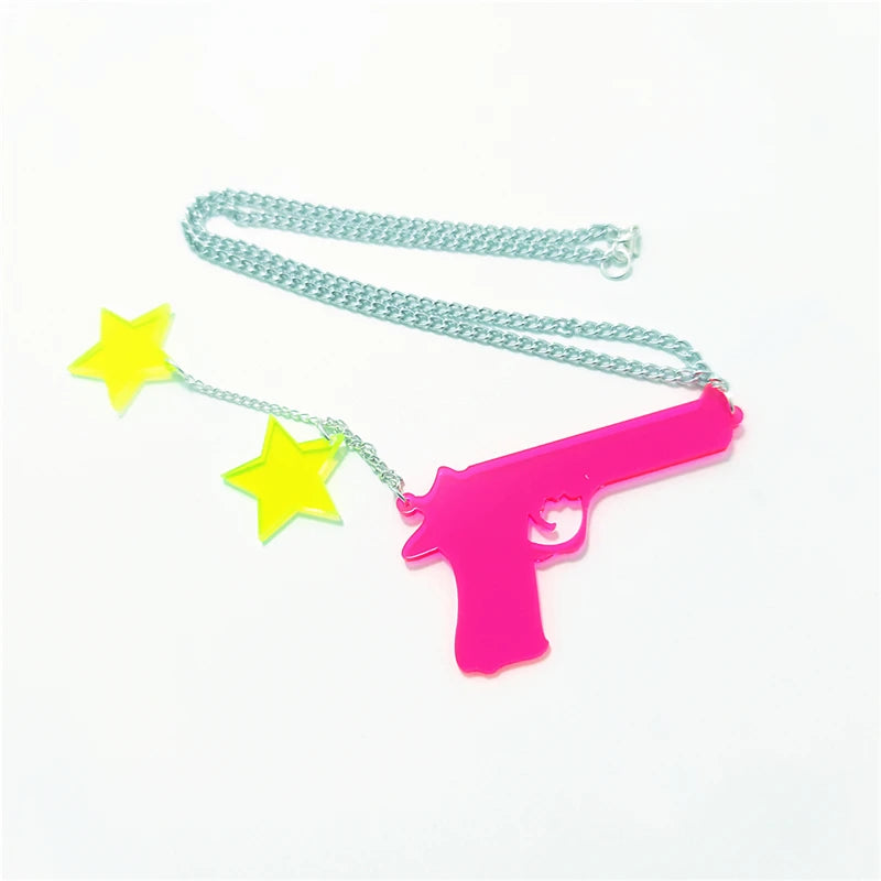 Gun and Stars Long Pendant Necklace - Silver Tassel Chain, Pink & Green Acrylic Punk Rock Jewelry for Women & Men