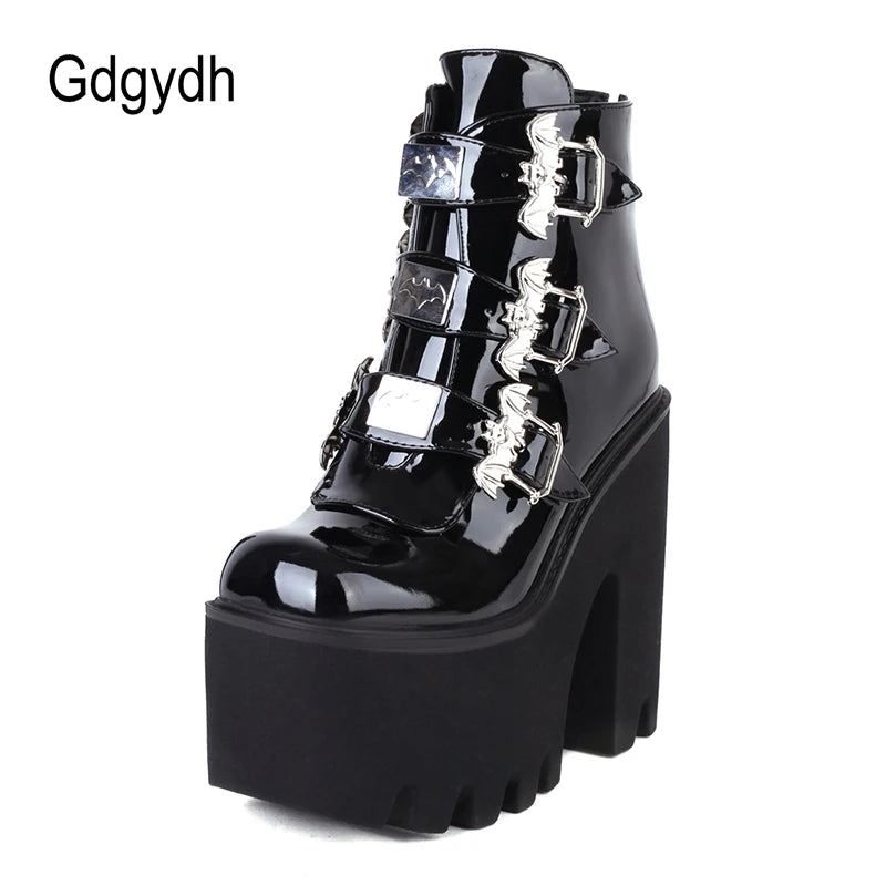 Gdgydh Gothic Bat Vampire Accessories Womens Shoes For Winter Autumn Ankle Buckle Strap Boots Platform Thick Bottom Combat Boots