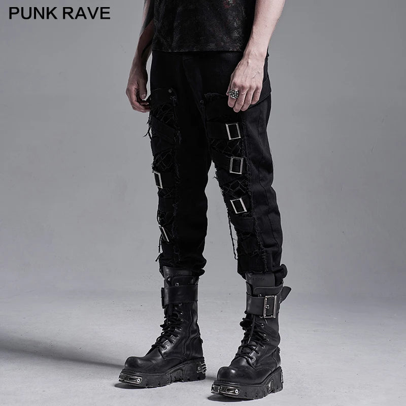 PUNK RAVE Men's Punk Slim Fit Decadent Trousers Handsome Tattered Cotton Gothic Daily Twill Woven Casual Pencil Pants Streetwear