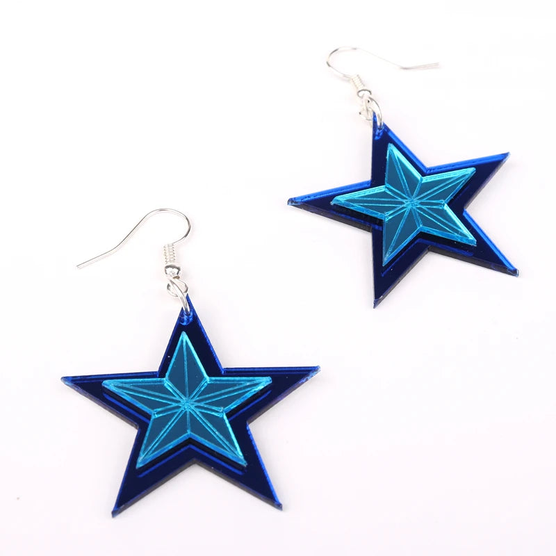 KUGUYS Christmas Star Sculpture Drop Earrings - Blue Pink Mirror Acrylic Dangle Jewelry, Trendy Funny Accessories for Women