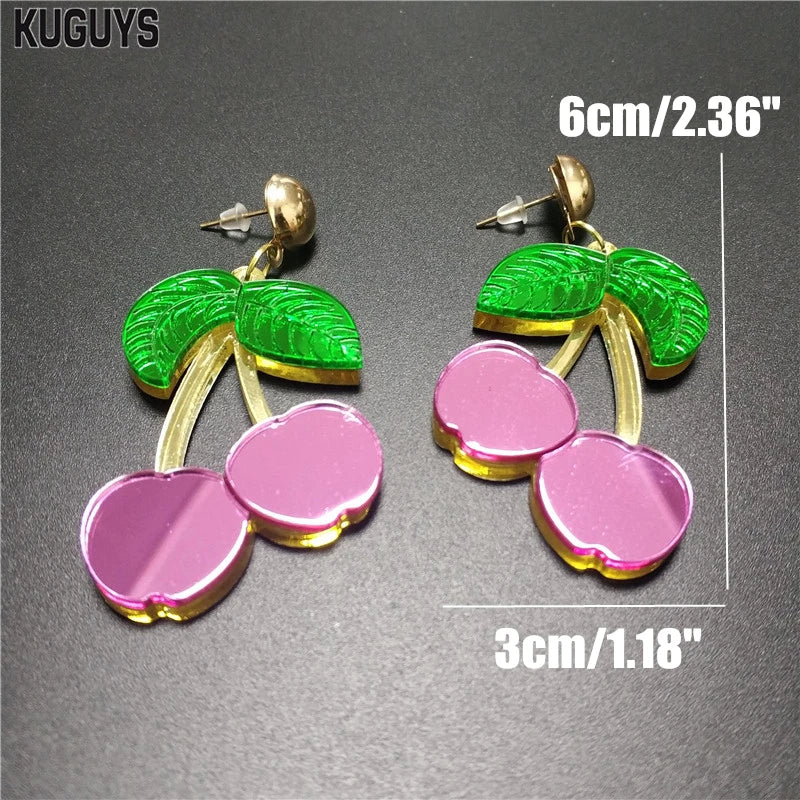 Cute Red Pink Cherry Dangle Earrings for Girls Women - Mirror Acrylic Drop, Trendy Jewelry Fashion Accessories by KUGUYS