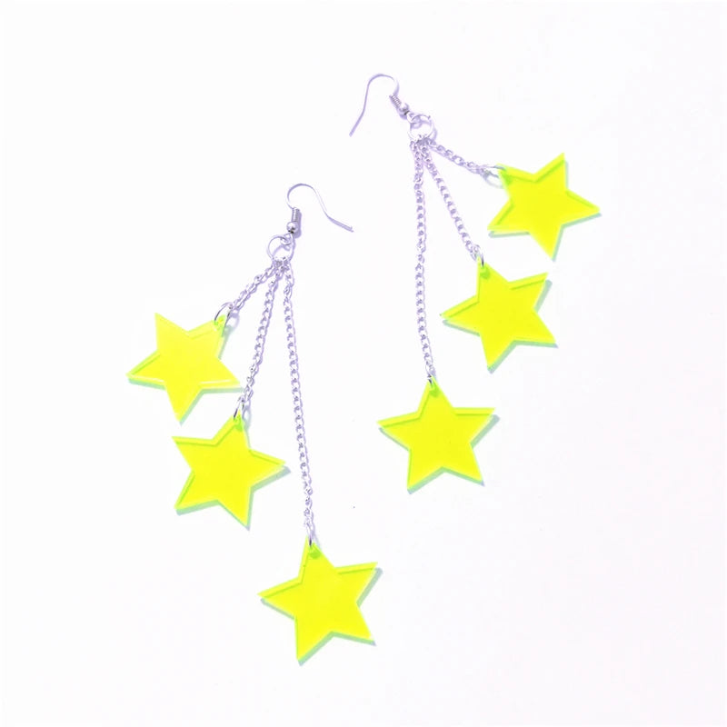 Long Tassel Dangle Earrings 11cm/4.33'' - Drop Star Neon Clear Green Acrylic, Cute Sweet Fashion Jewelry for Women