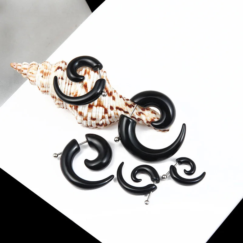 Punk Black Bull Horn Snail Shape Acrylic Earrings – Hip-Hop Rock Party Jewelry for Men & Women